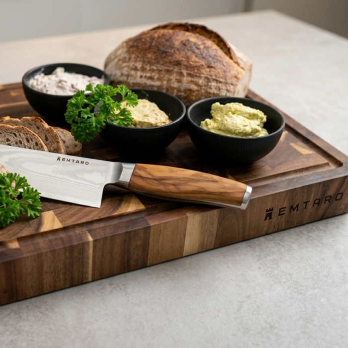 Premium-Schneide-Bundle: Kairo Santoku Damastmesser und Core Schneidebrett aus Akazien-Stirnholz