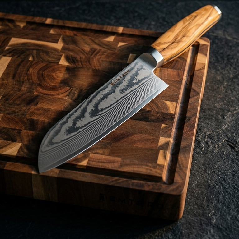 EMTARO Santoku Damastmesser mit Olivenholzgriff auf Akazienholz-Schneidebrett